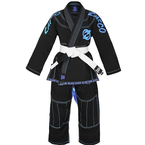 Zafco Sports Brazilian Jiu Jitsu, Kids Jiu Jitsu Gi Children BJJ Gi Grappling Kimonos Lightweight White Belt (Black/Sky-blue, 00)
