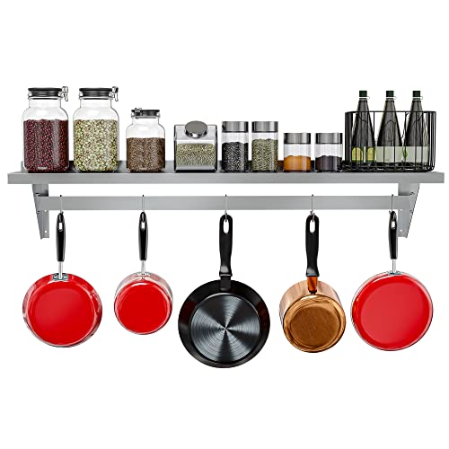 Image of Koolmore Commercial Wall Mounted Pot Rack Organizer Shelf with 5 Removable Storage Hooks for Pots and Pans, Utensils, Kitchen Cooking Accessories, Stainless-Steel Holder (WMPS-1260), 12'' X 60''