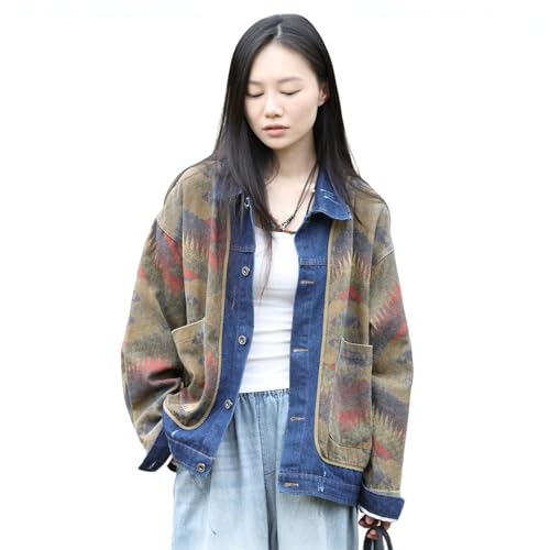 Vintage Women's Aztec Print Denim Jacket Loose Fit Long Sleeve Button Down Coat for Fall & Winter Casual Splicing