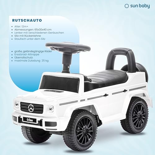 Rutschauto ab 1 Jahr, Mercedes in rot, blau, weiß, schwarz, kinderauto, Baby Auto, lauflernhilfe mit Hupe und Motorengeräuschen (Weiß) – Bild 3