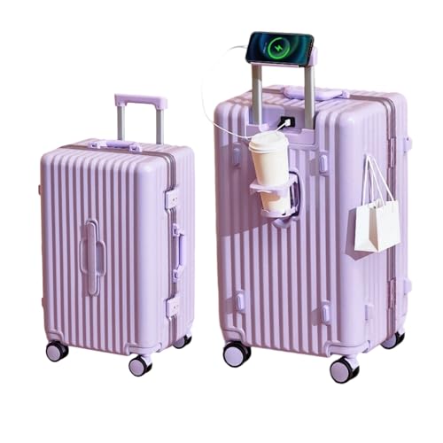 2-Pice Luggage Set 20/24, Aluminum Frame Luggage Set with Cup Holder & Charge,TSA Lock,Hardshell, Zipperless Design, Carry-On and Checked Luggage, Unisex (Model B – Light Purple, 20+24inch)