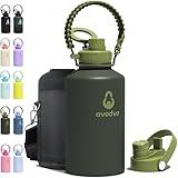 avodvo 64 oz Water Bottle with 2 Lids (2-in-1 Straw & Spout Lid, Magnetic Lid), Insulated Water Bottle with Strap, Stainless Steel Water Bottle for Hiking, Gym, Travel, BPA-Free, Army Green
