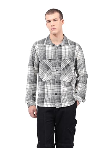 Image of THE INDIAN GARAGE CO Men Regular Fit Checkered Full Sleeves Cutaway Collar Casual Overshirt