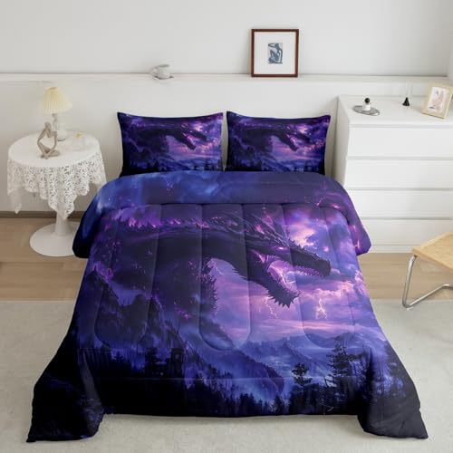 Homemissing Dragon Comforter Set for Boys Girls Purple Wild Animal Bedding Set King Purple Flash Down Comforter Jungle Moutain Dragon Quilted Duvet Insert/Quilt Magic Wildlife Bed Set Toddler