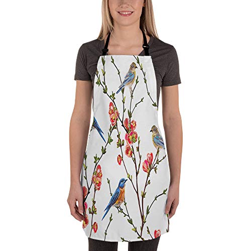 Moslion Bird Apron 31X27 Inch Cute Blue Birds On Tree Branch Green Leaves Red Flower Kitchen Chef Waitress Cook Aprons Bib With Adjustable Neck For Women Men Girls #TOP1