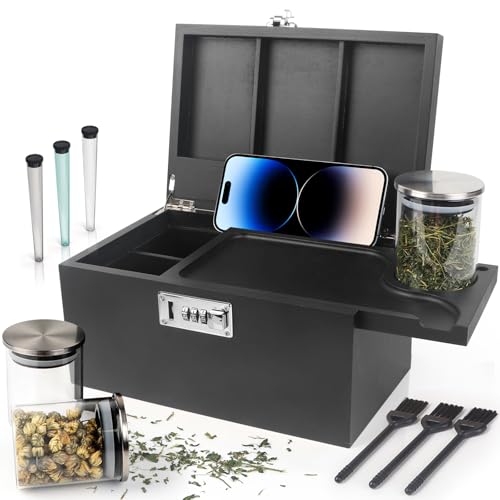 Large Black Bamboo Box with Combination Lock, Premium Storage Box with Removable Tray & Detachable Compartments, Wooden Decorative Boxes with Alright Jars & Brushes & Tubes for Great Gift Choice.