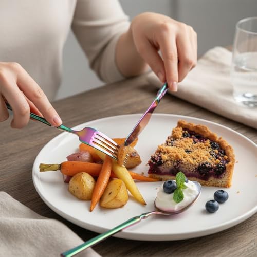 Image of Elegant Handle Rainbow 10 Pcs Stainless Steel Cutlery Set for Dining Table, Dishwasher Safe Glossy Flatware (2 Spoon Set+2 Forks Set+2 Butter Knife+2 Dessert Spoon+ 2 Fruit Fork)
