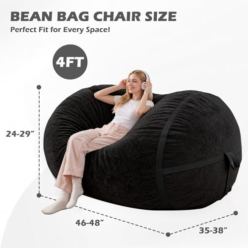 Image of 4FT Bean Bag Chair 4'Big Bean Bag Chairs with Adults, Large Beanbag Chair | Bean bag Lounger with Machine Washable Cover Luxurious Velvet Fabric, Comfy Chairs for Living Room, Bedroom, Dorm, Black
