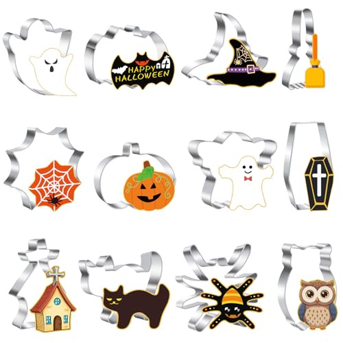 Halloween Ausstechformen Set 12 Stück Halloween Ausstecher Keksausstecher Edelstahl Ausstecher Set-Kürbis Fledermaus Hexenhut Katze Geist
