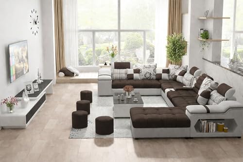 Image of Avion COMFORA U Shape 12 Seater Sofa Set for Living Room | Interchangeable U-Shaped Sectional Sofa Set with Cup Holder with 4 Puffy for Living Room & Office