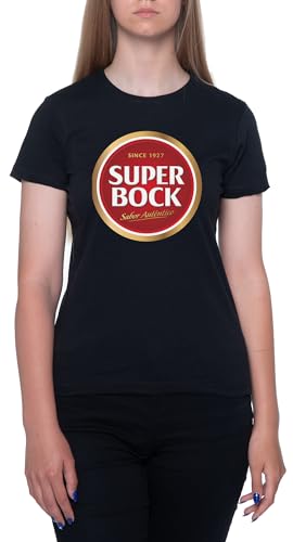 Super Bock Since 1927 Logo Camiseta Negro para Mujeres De Manga Corta con Cuello Redondo Black T-Shirt Womens