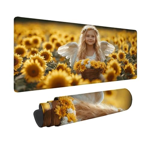 Tapis de souris XXL au motif ange et tournesol pour bureau gamer