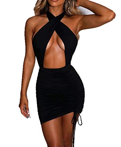 Forlisea Womens Sexy Halter Bodycon Dress Sleeveless Backless Crisscross Cut Out Ruched Clubwear Mini Dress Black