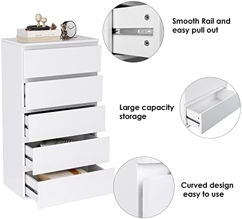 FOREHILL Chest of Drawers White Dresser Storage Cabinet with 5 Drawers 100cm Cupboard Floor Standing Storage Unit for Hallway Bedroom Living Room 55x33x100cm