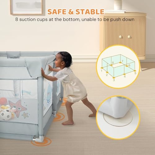 Image of 120x120 cm Playpen for Baby up to 3 Years with Safety Lock & Anti-Fall Grasp Rings (No Ball /No Mat, Non-Foldable) - Grey