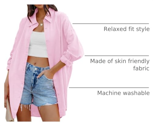 Image of FSHAOES Womens Oversized Button Down Shirts Casual Loose Long Sleeve Solid Lapel Long Blouses Tops with Pockets