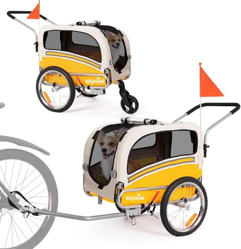 Sepnine Remolque Bicicleta Perros Carro Cochecito para Transporte Mascota 2 En 1 Convertible En Carro para Correr con Barra Y Kit De Footing Amarillo