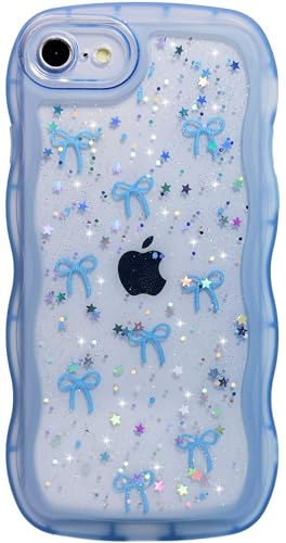 Qokey for iPhone 6/6S Case, Glitter Star & Curved Edge Handle Grip Design, Military-Grade Shockproof Clear TPU Cover, Sparkle Protection Scratch-Resistant, Holographic Blue Bow