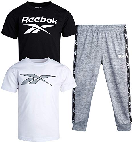 Reebok Baby Boys' Jogger Set  3 Piece Short Sleeve T-Shirt and Sweatpants Playwear Set (Infant/Toddler), Size 4 Toddler, Grey/White/Black