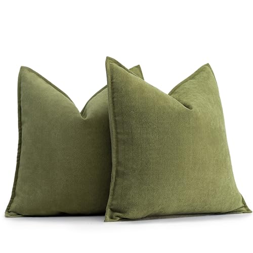 ZWJD Olive Green Pillow Covers 16x16 Set of 2 Chenille Throw Pillow Covers with Elegant Design Soft and Luxurious Decorative Throw Pillows for Couch, Bed, and Home Decor