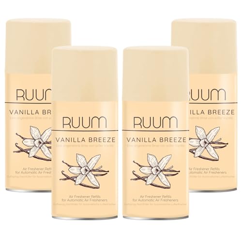 RUUM Lufterfrischer Nachfüller 4er Pack Vanilla Breeze - Duft Nachfüller kompatibel mit Air Wick Freshmatic, Glade Brise - 4x 250 ml Duftspray für Geruchsneutralisierung & Frische