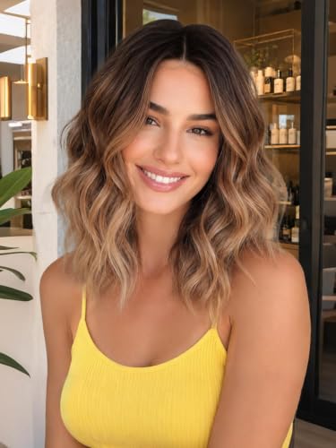Image of Eawwii Wigs for Women Brown to Honey Blonde,Short Wavy Synthetic Lace Wig
