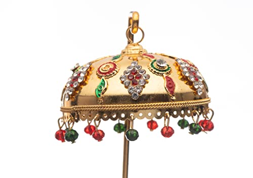 Image of Metal Chhatra Umbrella with Hanging Crystals - Decorative Chatri Aasan for God Idol, Home Temple, Car Dashboard, Office Desk, or Table Showpiece (M 66)