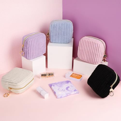 Image of Period Bag for Teen Girls, Corduroy Sanitary Napkin Storage Bag, Fluffy Menstrual Pad PouchTampon Holder for Purse (Blue)