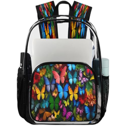 Butterfly Clear Backpack for Stadium Events, Butterfly Painting Waterproof Clear Bag for Women Men Adult Sport Work Daily Music Festival and Concerts