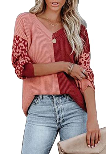 Image of ANCAPELION Women's V Neck Sweater Pullover Leopard Long Sleeve Basic Color Block Jumper Casual Knitted Tops