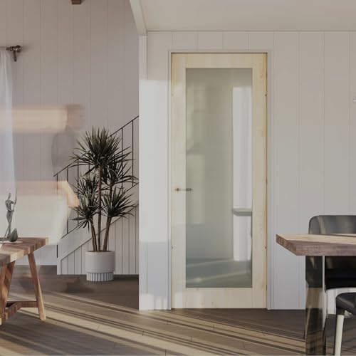 Interior Pine Door Slab 1 Lite Frosted Glass Pantry Doors with Quick Assemble Jamb/Seal Strip，32''x 80'',Right