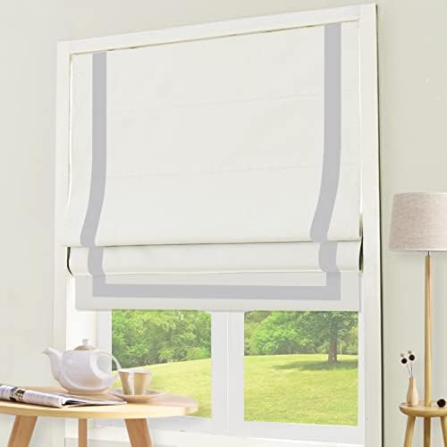 DEJAVU Roman Shades with Ribbon Border for Windows, White Light Grey Custom Blackout Light Filtering Roman Window Shades, Fabric Insulated Thermal Roman Blinds for French Doors, Kitchen Windows