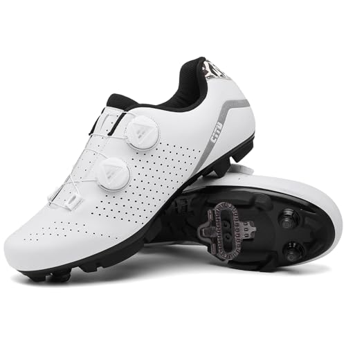 PENXZT Zapatilla de Ciclismo MTB Hombre Mujer, Zapatos Bicicleta de Montaña Compatible con SPD Pedales 2 Tornillos con Calas Unisex Adulto Respirables,Blanca,40 EU
