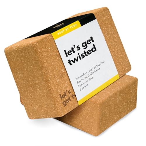 Cork Yoga Blocks 2 Pack High Density Non Slip with Select Cork Grain for Chip-Resistant Durability | Extra Thick 4 for Support & Stability | Natural Smooth and Crumble Free | Body By Yoga (Lets Get Twisted Without Strap)