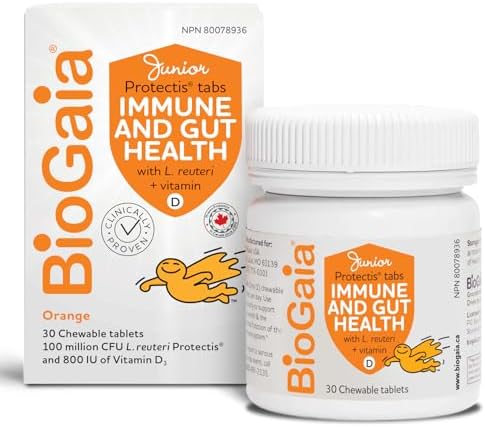 BioGaia Probiotic Junior Immune & Gut Health Tablets | New Format | Probiotic + 800 IU of Vit. D | 30-Day Supply/Chewable Tablets | For kids & Teens | Eases constipation | Helps maintain immune function | Development of bones and teeth | Prevent episodes of diarrhea
