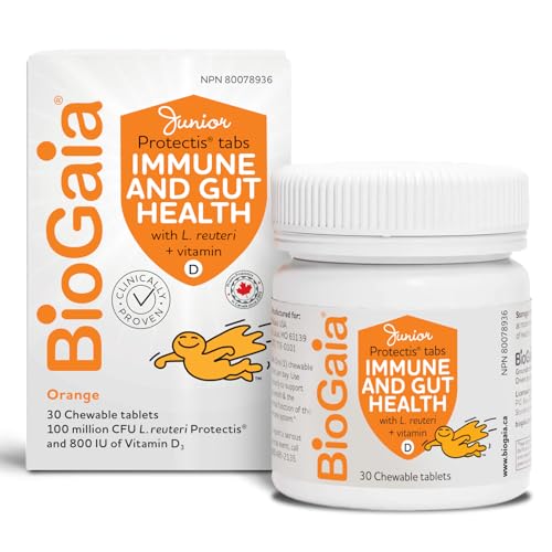 BioGaia Probiotic Junior Immune & Gut Health Tablets | New Format | Probiotic + 800 IU of Vit. D | 30-Day Supply/Chewable Tablets | For kids & Teens | Eases constipation | Helps maintain immune function | Development of bones and teeth | Prevent episodes of diarrhea by BioGaia - Used condition - CA$29.74
