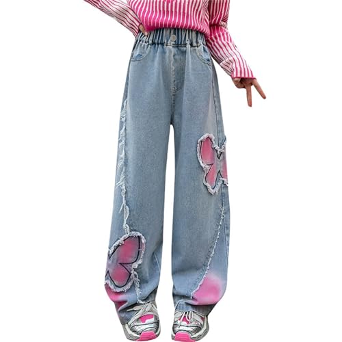 Girls Trendy Butterfly Print Y2k Jeans Baggy Wide Leg Ripped Dark Blue Denim Pants Elastic Waist Denim Sweatpants