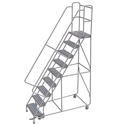 Tri-Arc WLAR109244 9-Step All-Welded Aluminum Rolling Industrial & Warehouse Ladder with Handrail, Solid Ribbed Tread, 24-Inch Wide Steps