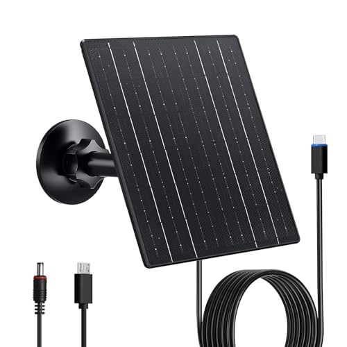 Image of Zivif 10W Solar Charger, 5V Solar Panel for Security Cameras with USB-C/Micro USB/DC 5.5x2.1mm Ports, IP66 Waterproof, 360° Adjustable Mount & 7.2ft Cable