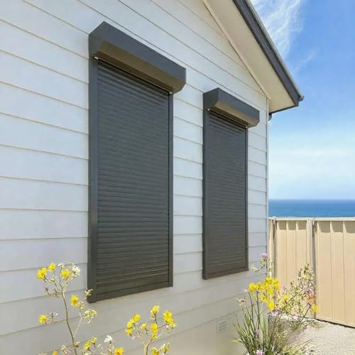 GISONTONE Grey Roll Down Hurricane Shutters Electric Roller Shade for Window Outside, Security in Storm (Form Insulation)