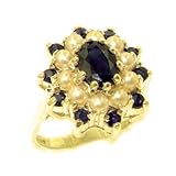 Luxus Geschenk Box Schöne 3 Tier Cluster Damen Ring 9 Karat Gold Gelbgold Saphir & Perle - Verfügbare Größen : 50 bis 64