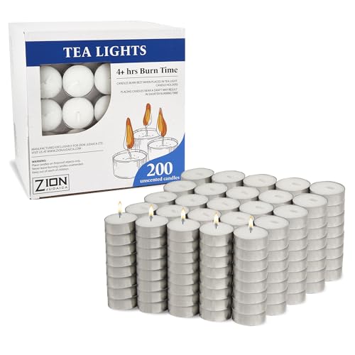 Zion Judaica Quality Tealight Candles 4 Plus Hour Burn Time Unscented Set of 200 Tea Lights for Candle Lit Dinners