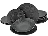 CreaTable Tafelservice / Teller Set LAVA STONE, 12-tlg., bestehend aus: 4 Speiseteller 27 cm, 4 Pasta / Salat / Suppenteller 22 cm, 4 Dessertteller 21 cm. Hochwertiges Steinzeug, spülmaschinenfest und mikrowellengeeignet.