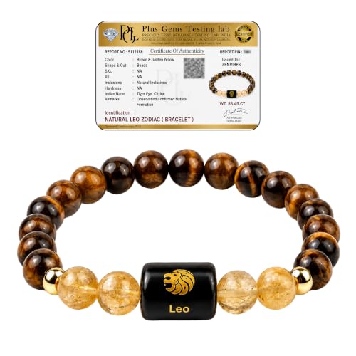Certified Citrine & Tiger Eye Bracelet for Leo सिंह राशि Zodiac | Leo Bracelet for Men & Women with Natural Gemstone Beads | Astrology Crystal Bracelets for Positive Energy, Confidence & Gift
