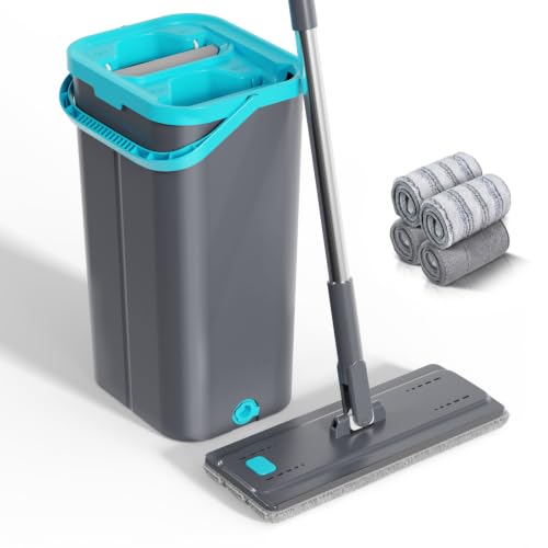 Masthome Wischmopp Set mit Eimer, 2 In 1 Putzeimer mit Wischmop, Flacher Bodenwischer mit Mikrofaser Pad Hand-Frei Mopp Set und Eimer für Hartholz, 4 Pads, 3.72L