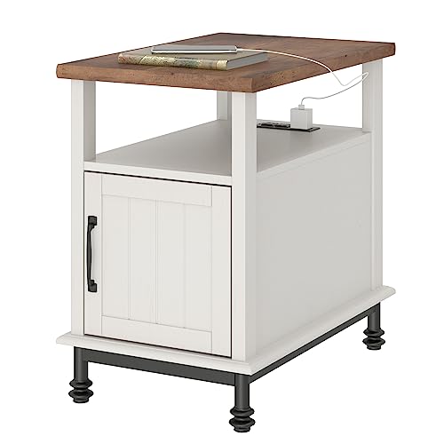 Wampat 2 Pack Farmhouse End Table With Charging Station For Living Room, Premium Wood Accent Side Table With Open Storage, Nightstand With Drawer For Bedroom, Metal Feet, 24", White/Oak #TOP6