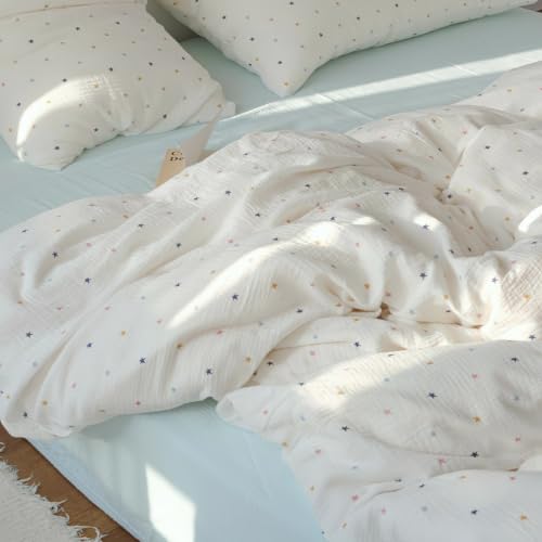 Doppelte Musselin Bettwäsche 135x200 Kinder Baumwolle Weiß mit Bunt Sterne – Ansicht 2