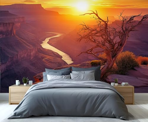 YAHLIGU Landscape Peel and Stick Wallpaper, Sunset Wallpaper, Dead Tree Trunks Wallpapers for Bedroom, Cliff River Wall Paper for Living Room, Large Mural for Kitchen Apartment