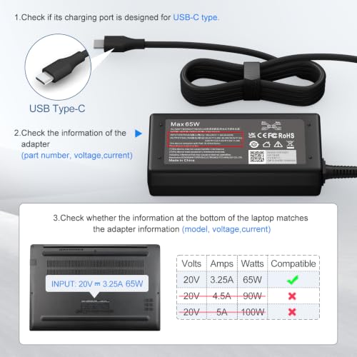 Image of 65W USB C Laptop Charger Compatible with HP Chromebook /Lenovo /Dell /Acer and More Chromebook Type C Power Cord
