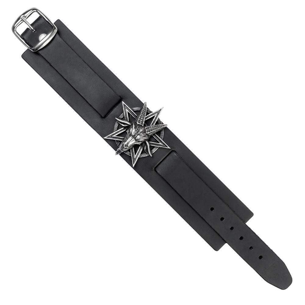 Alchemy Gothic Baphomet Hombre Pulsera de Cuero Negro Piel